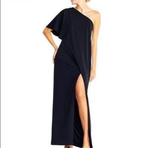 Adrianna Papell Black Slit Hem Draped One Shoulder Lined Gown